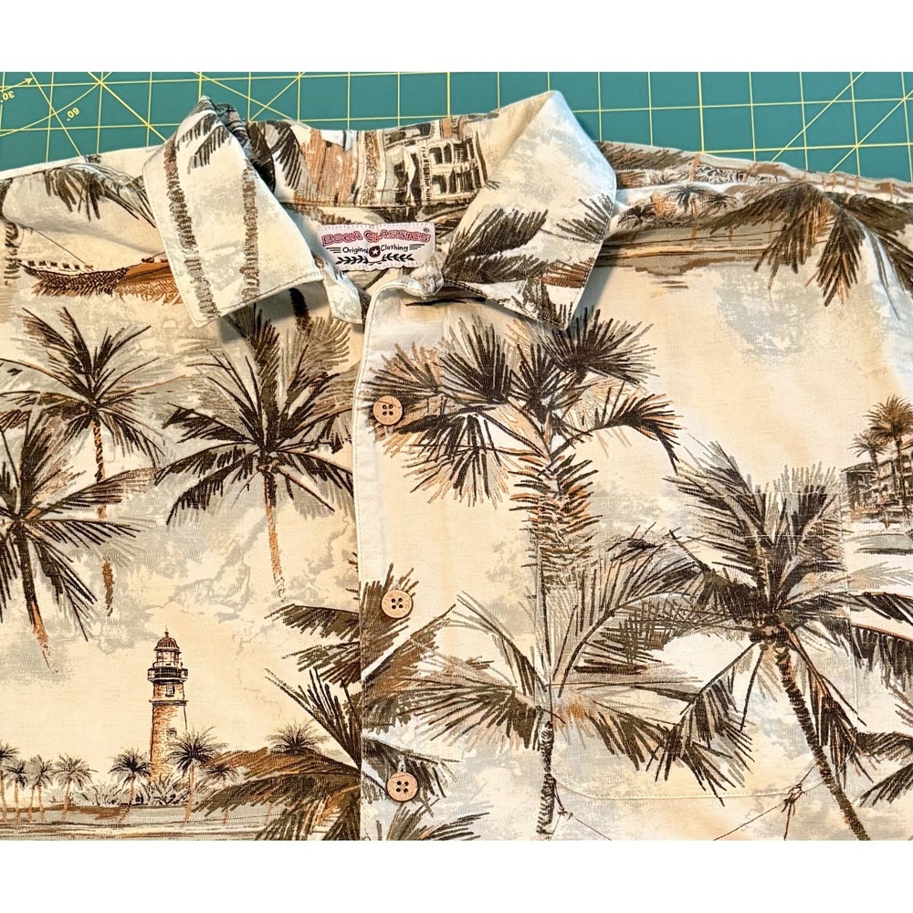 Boca Classics Camp Shirt Men's‎ L Beige Palm Tree Motif  Aloha DadCore